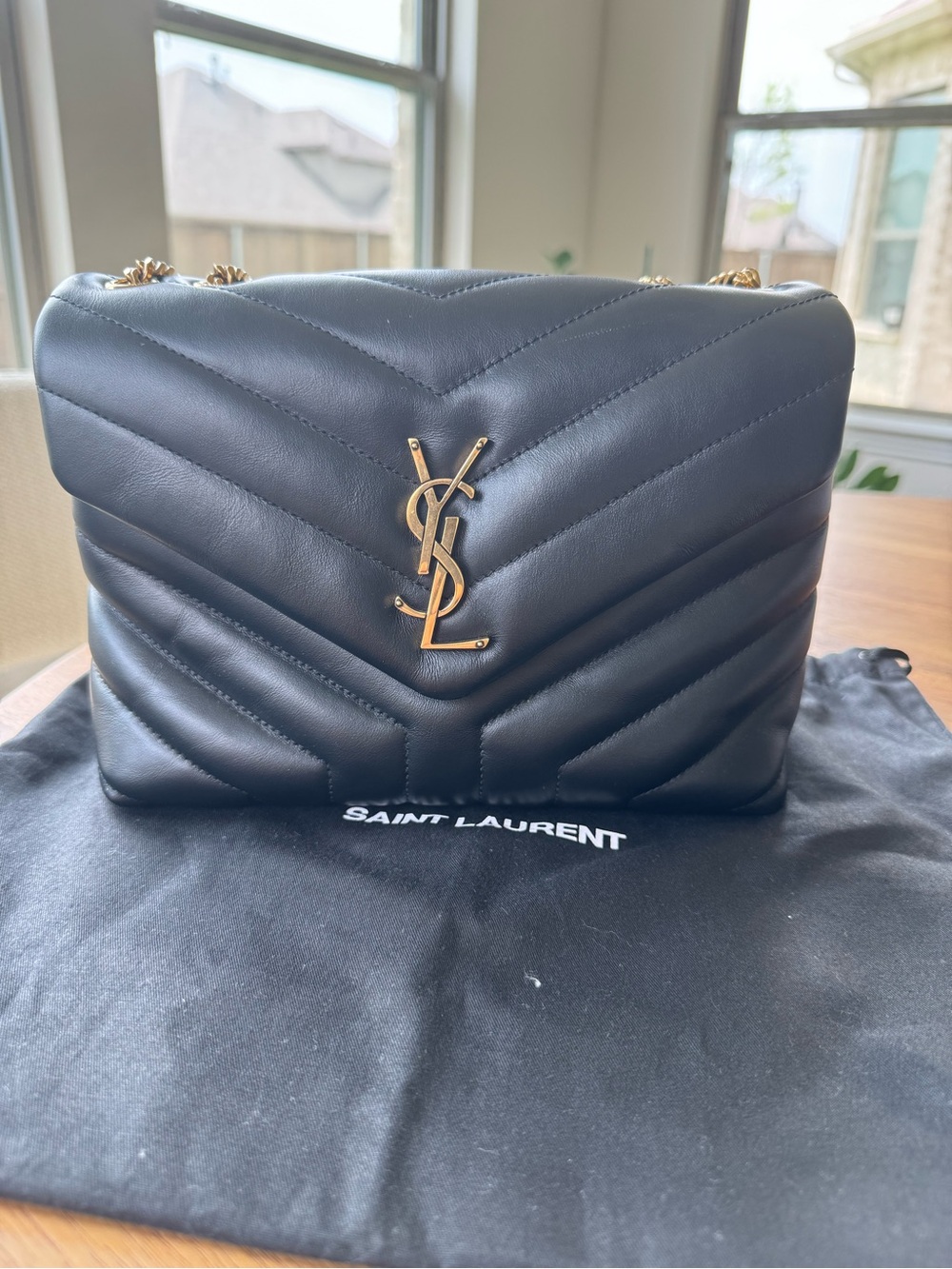 Saint Laurent Black Chevron Quilted Shoulder Bag with Gold Hardware